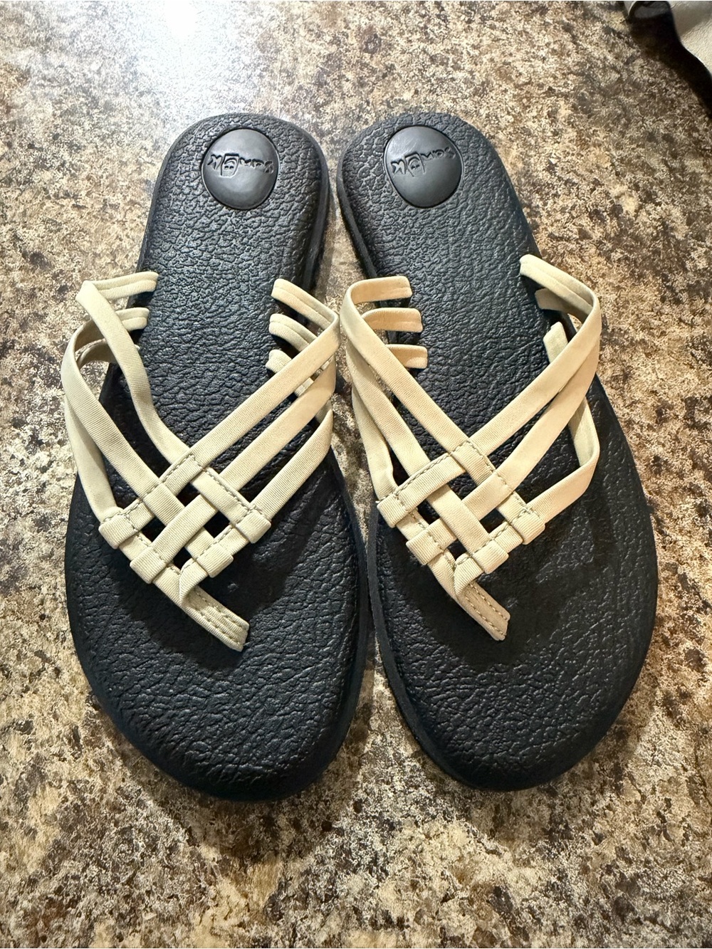 Sanuk Black Footbed Sandals with Cream Woven Straps